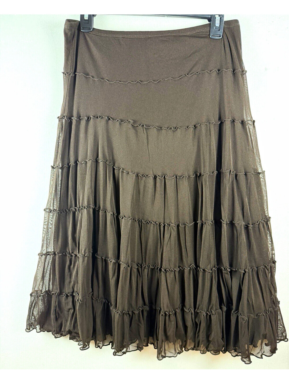 Max Studio Women’s Brown Mesh Tiered Ruffle Pull-On A-Line Midi Skirt Lined M